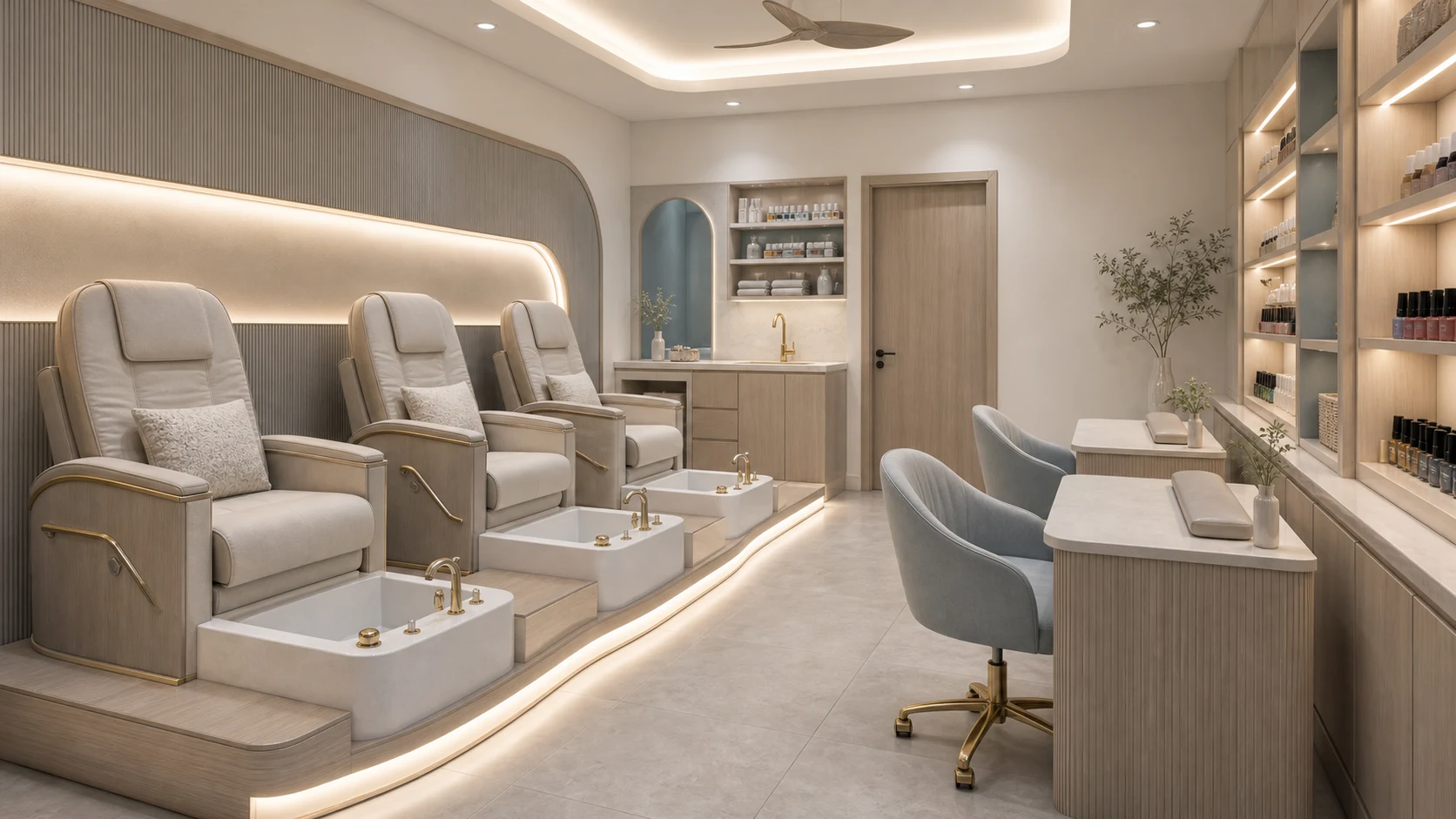 Phòng Nail Xanh Biển Dịu Nhẹ