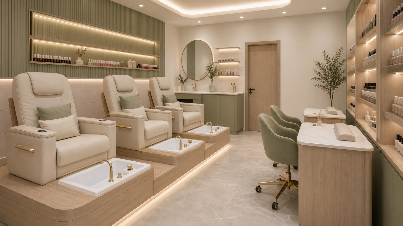 Phòng Nail Xanh Sage Tối Giản